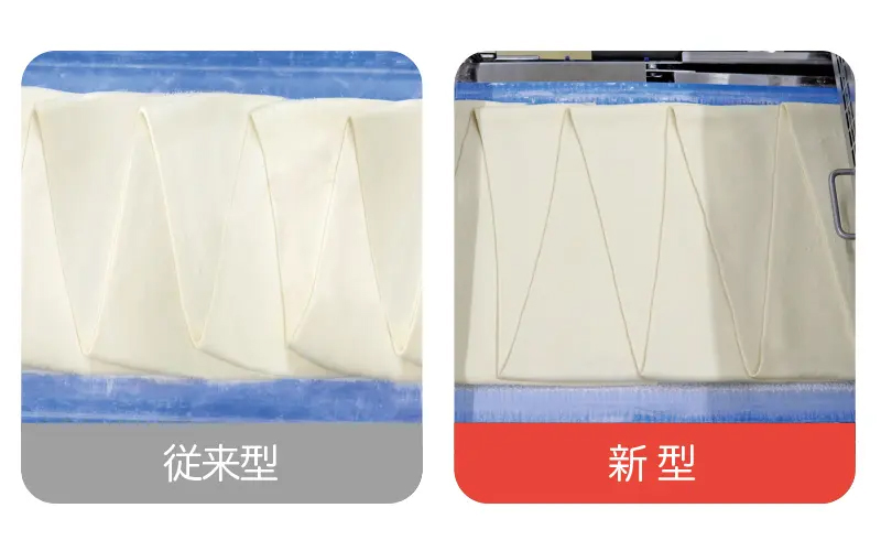 生地を折り込み積層生地をつくる「新型 パラレルパイラー」